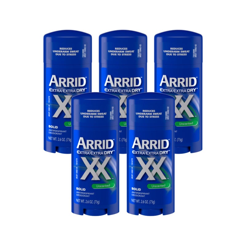 Arrid XX Extra Extra Dry Solid Antiperspirant Deodorant, Unscented, 2.6 oz. (Pack of 5)
